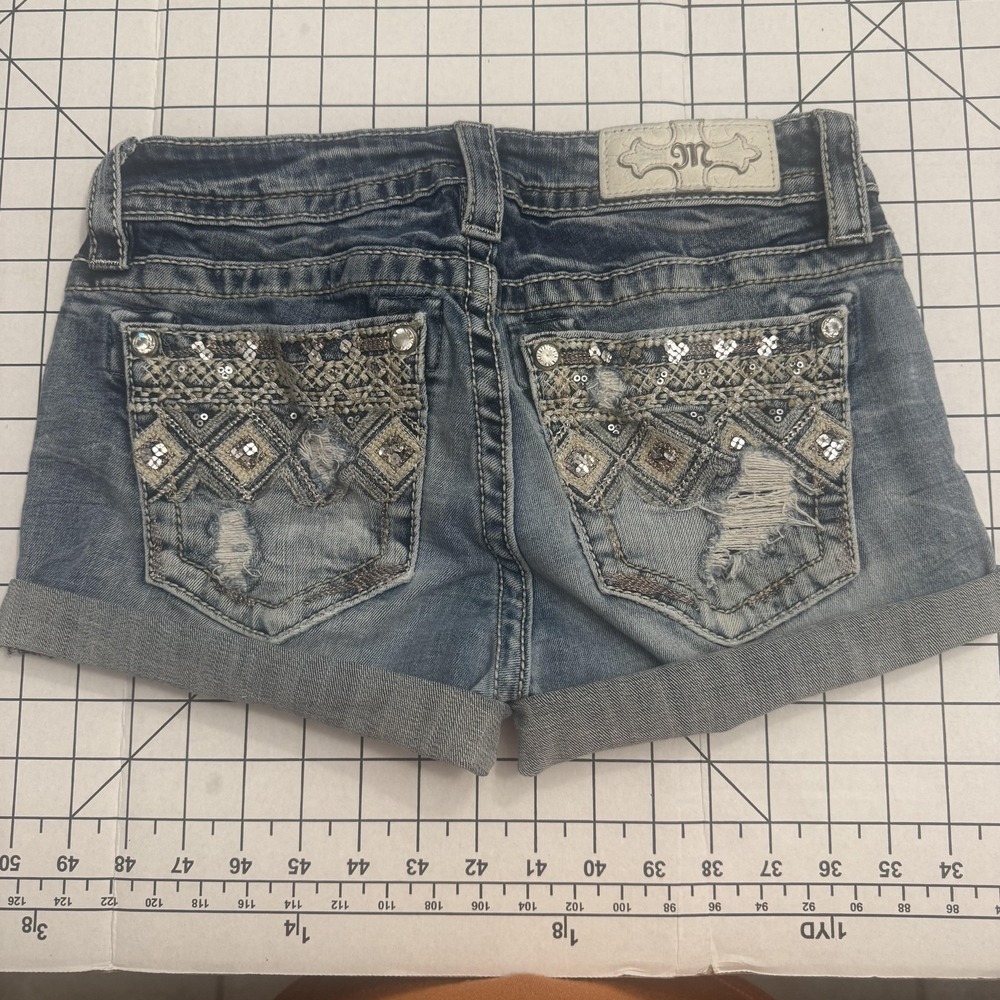 Miss Me Shorts Womens 26 Blue Denim‎ Cuffed Hot Pants Embroidered Rhinestone